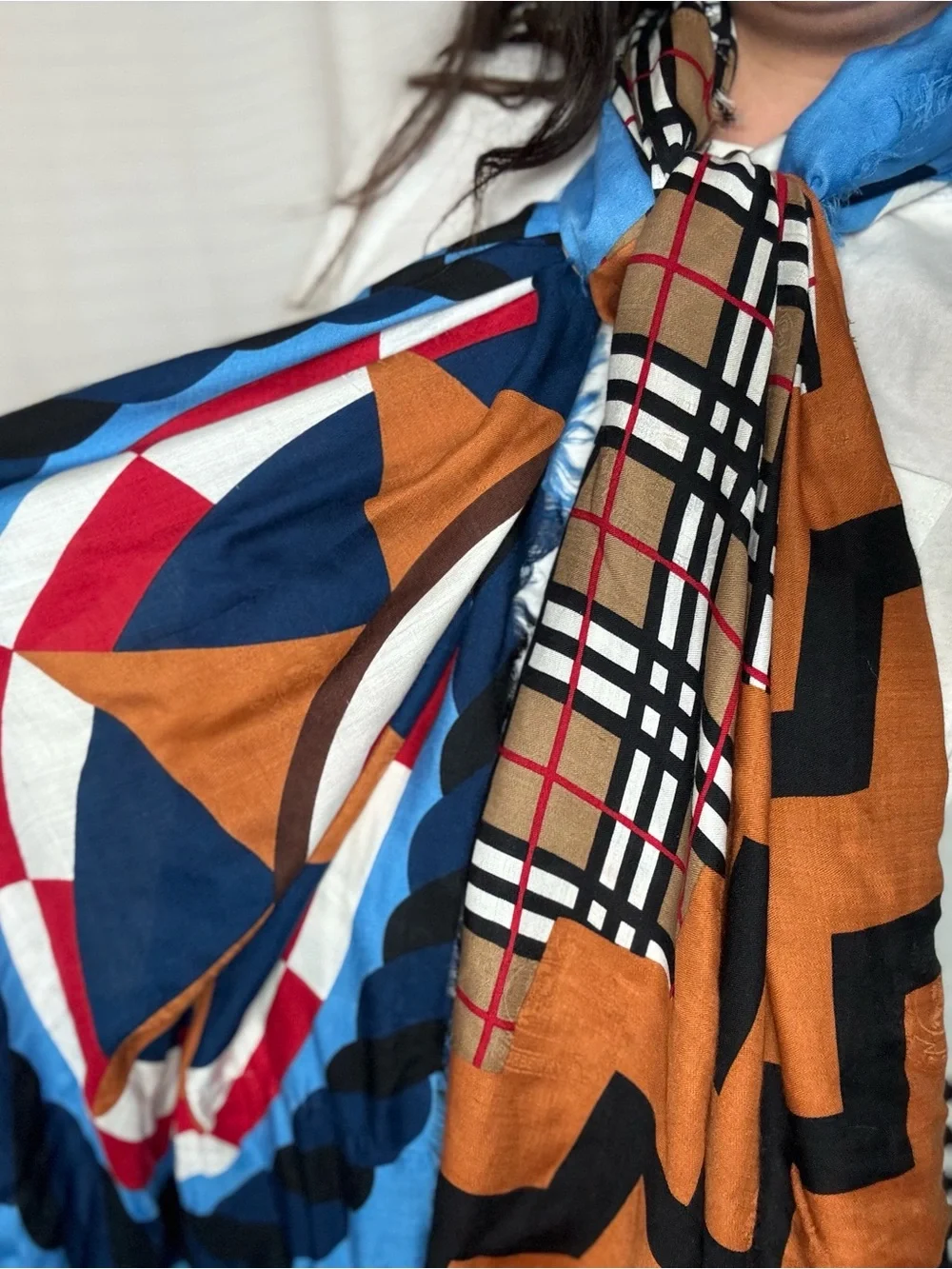 Vintage Y2K Burberry Patterned Scarf Blue Brown Red Orange Checkered